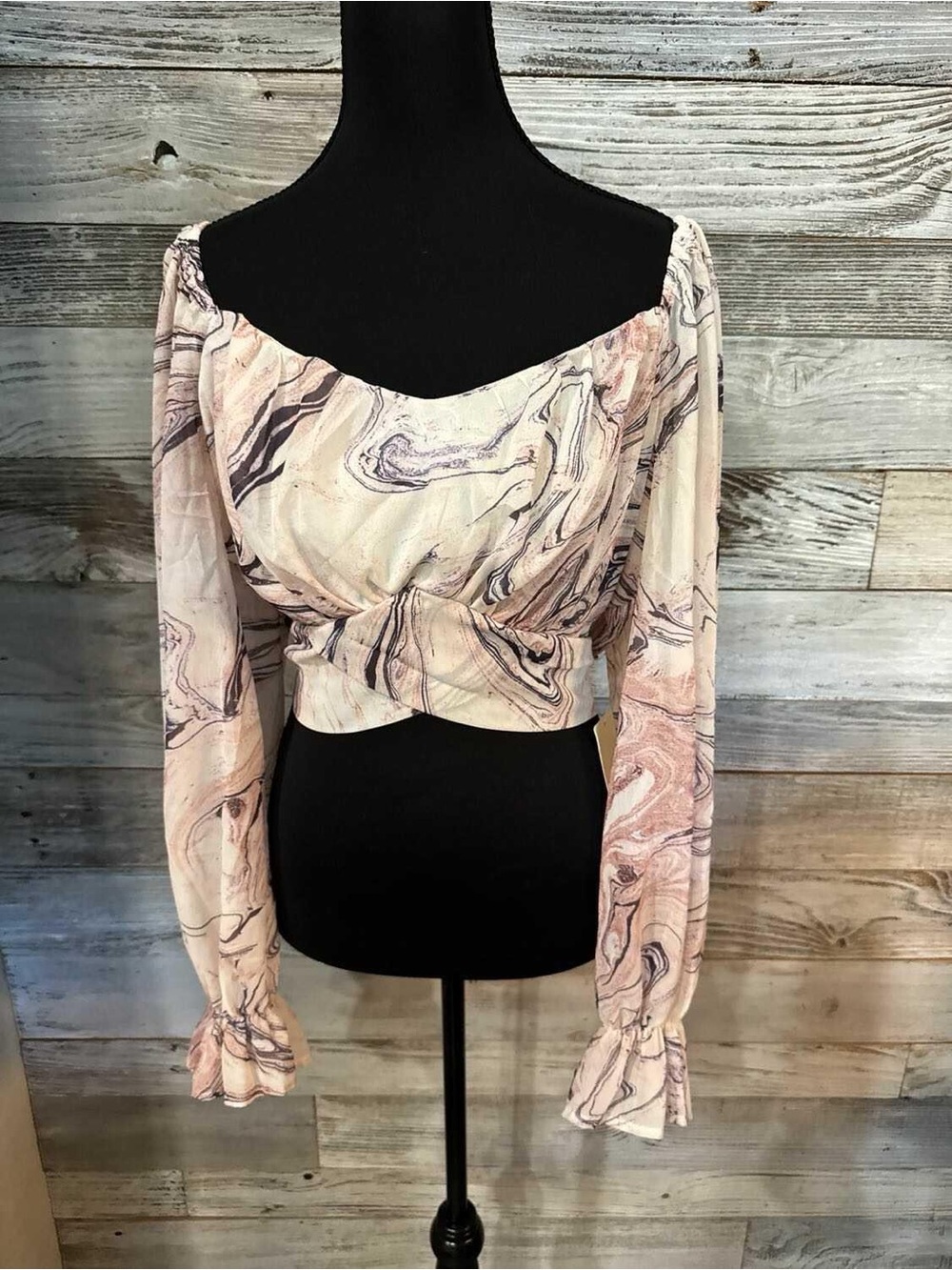 NWT Off-Shoulder Marble Print Long Sleeve Crop Top - Blush Pink